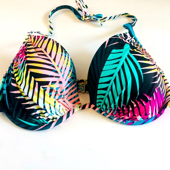 SHADE & SHORE Tropical Palm Leaves Multicolor Bikini Halter Top Size 34DD - Picture 5 of 11